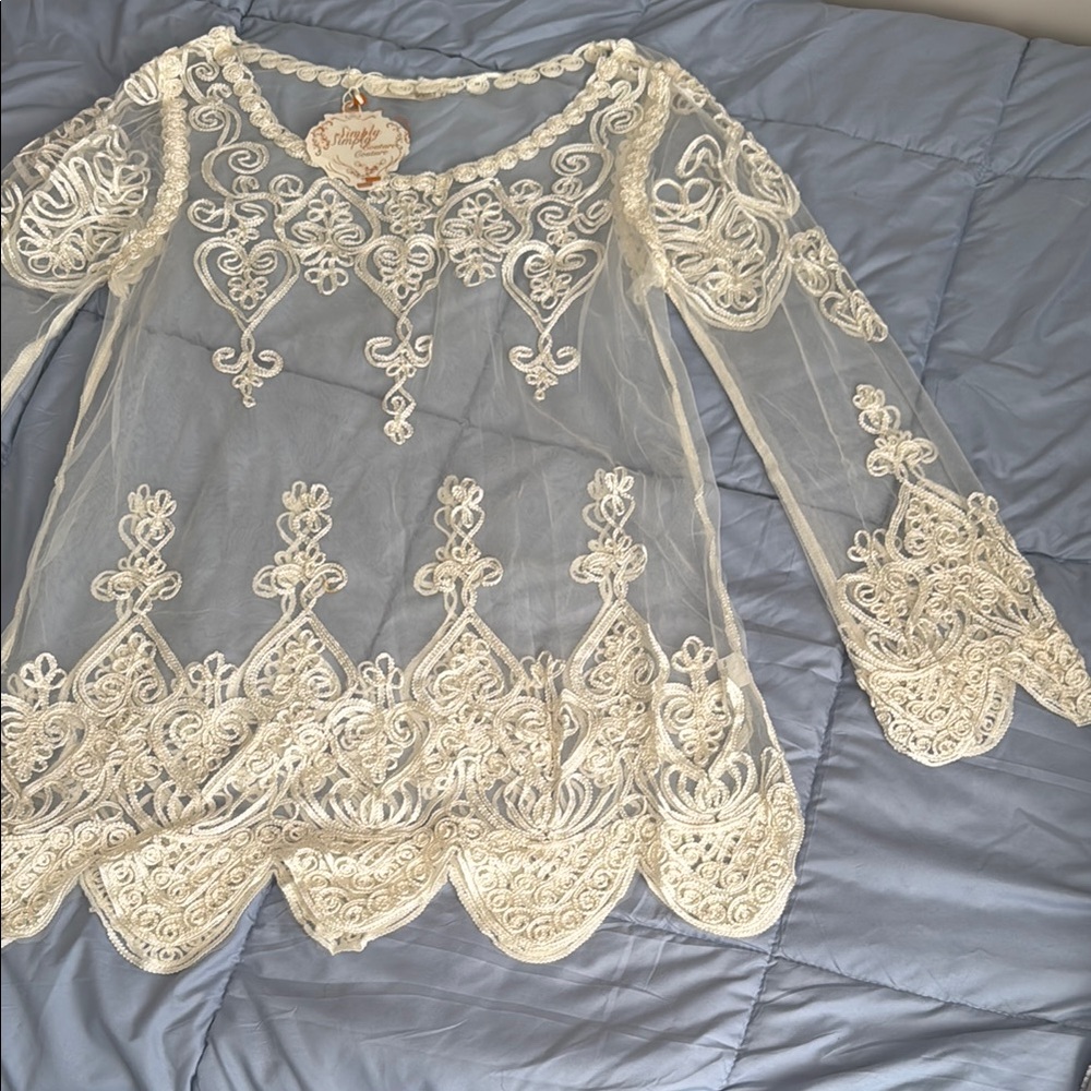 Umgee Cream Embroidered Sheer Long Sleeve Blouse